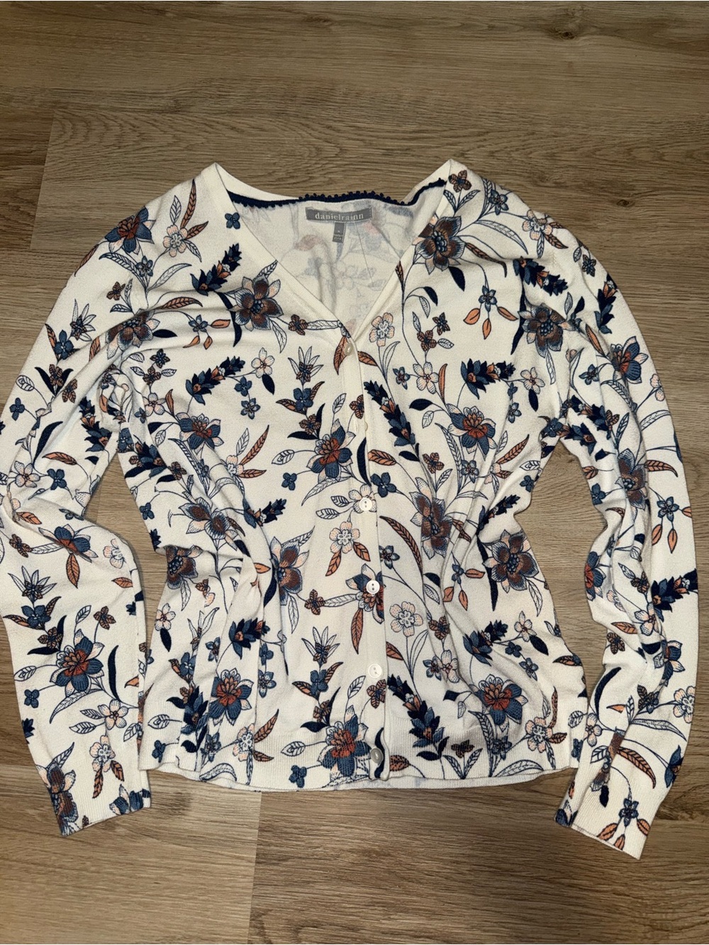 Floral V-Neck Button Cardigan - White with Navy & Rust Floral